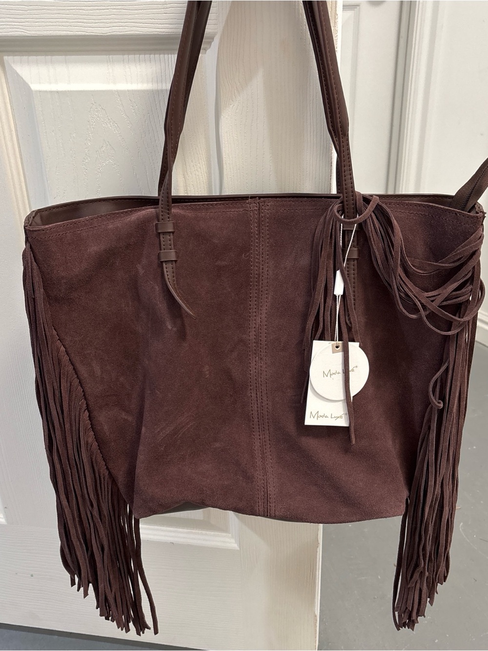 Moda Luxe Suede Fringe Hobo Bag - Dark Brown
